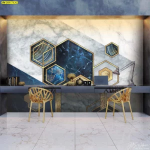 ภาพตกแต่งผนังห้องทำงานด้วยวอลเปเปอร์ลายหินอ่อนสีน้ำเงินในรูปทรงเรขาคณิตหกเหลี่ยม เพิ่มความสวยงามมีระดับ