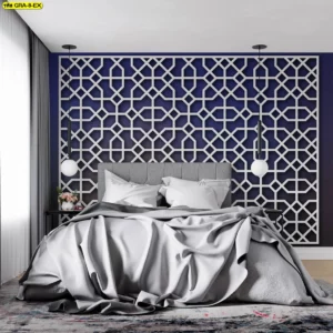 วอลเปเปอร์กราฟิกโมเดิร์นโทนเข้ม สีน้ำเงินเข้มและขาวตกแต่งห้องนอนให้ดูหรูหราและเหมาะกับคู่รักที่รักความคลาสสิก