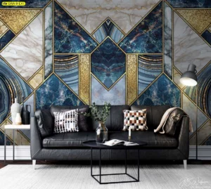 ช่างติดตั้ง วอลเปเปอร์กราฟิกลายหินอ่อน ลักซูรีดีไซน์สมมาตรโทนสีน้ำเงิน-ทอง ในห้องรับแขกสไตล์อาร์ตเดโค