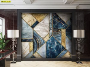 การตกแต่งผนังด้วย วอลเปเปอร์กราฟิกลายหินอ่อน สีน้ำเงิน-ขาว-ทอง ภายในกรอบผนังสีเข้ม สร้างจุดเด่นให้ห้องดูหรูหรา