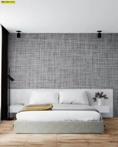 วอลเปเปอร์กราฟิกโมเดิร์นโทนสว่าง แต่งห้องนอนเท็กซ์เจอร์ลายผ้าทอสีเทา-ขาว สร้างบรรยากาศอบอุ่น สบายตา