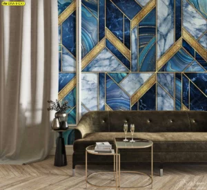 วอลเปเปอร์กราฟิกลายหินอ่อน โทนสีน้ำเงินและขาวตัดเส้นสีทอง ติดตั้งผนังหลังโซฟาในห้องนั่งเล่นสไตล์โมเดิร์นลักซูรี