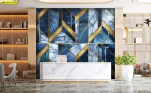 ภาพตกแต่งผนังเคาน์เตอร์ต้อนรับหรูด้วยวอลเปเปอร์ลายหินอ่อนสีน้ำเงินเข้ม เหมาะสำหรับล็อบบี้โรงแรม