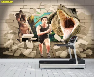 ภาพศิลปะไดโนเสาร์สามมิติในห้องออกกำลังกายพร้อมลู่วิ่งและผู้ชายวิ่งท่ามกลางไดโนเสาร์หลากสายพันธุ์บนพื้นผิวสีขาว