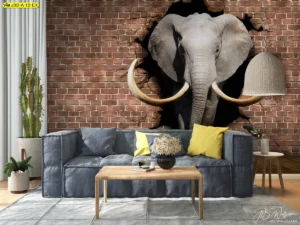 วอลเปเปอร์ภาพสัตว์สามมิติ ห้องนั่งเล่นสไตล์อินดัสเทรียล ผนังอิฐโทนน้ำตาลเทา สร้างความรู้สึกแกร่งกล้าและมีพลังสำหรับผู้ใหญ่วัยทำงาน