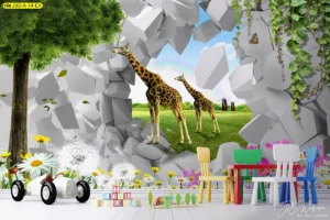 วอลเปเปอร์ยีราฟสามมิติตกแต่งห้องเด็กเล่นสไตล์ธรรมชาติ โทนสีเขียวสดใสสร้างบรรยากาศที่เป็นมิตรกับเด็กและกระตุ้นจินตนาการ