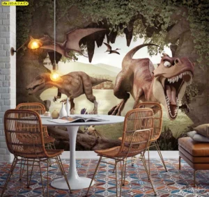วอลเปเปอร์ลายไดโนเสาร์ หลากสายพันธุ์ห้องอาหารสไตล์คลาสสิกผสมโมเดิร์นโทนสีน้ำตาลธรรมชาติ