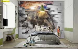 รูปติดผนังไดโนเสาร์ทีเรกซ์สามมิติในห้องนอนเด็กสไตล์โมเดิร์นโทนสีเทาเขียวอ่อนสงบ