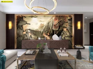 รูปติดผนังไดโนเสาร์ทีเรกซ์ผสมทหารแอ็คชั่นในห้องนั่งเล่นหรูสไตล์คลาสสิกโทนสีน้ำตาลทองพร้อมเฟอร์นิเจอร์สีขาวครีม