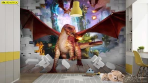วอลเปเปอร์ลายไดโนเสาร์ สามมิติสีฟ้าเขียวตกแต่งห้องเด็กสไตล์แฟนตาซีกับเฟอร์นิเจอร์สีเหลือง