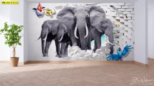 วอลเปเปอร์ช้างสามมิติสไตล์มินิมอล โทนสีเทาขาวสร้างความอบอุ่น เสริมความเชื่อในการเสริมโชคลาภและความสามัคคี