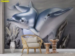 ภาพศิลปะวาฬและโลมาขนาดใหญ่สไตล์รีลลิสติกสำหรับตกแต่งห้องนั่งเล่นโมเดิร์นสร้างบรรยากาศสงบและหรูหรา