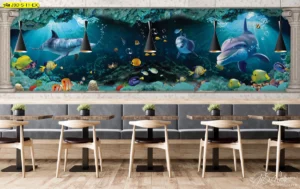 ร้านอาหารสไตล์โมเดิร์นตกแต่งผนังด้วยวอลเปเปอร์โลกใต้น้ำฉลามและปลาสีสันสดใสสร้างประสบการณ์รับประทานอาหารที่ตื่นเต้น