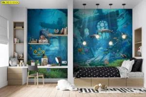 ห้องนอนเด็กธีมโลกใต้น้ำพร้อมโต๊ะทำการบ้านและวอลเปเปอร์สัตว์ทะเลที่ส่งเสริมการเรียนรู้อย่างสนุกสนาน