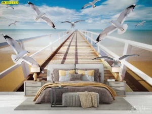 ภาพวิวนกนางนวลบินเหนือสะพานไม้และทะเลสีฟ้าใสสำหรับตกแต่งห้องนอนให้มีบรรยากาศเสรีภาพและความสงบเหมาะกับผู้รักธรรมชาติ