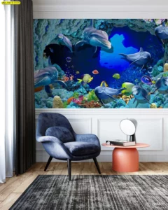 วอลเปเปอร์สัตว์ทะเล ในถ้ำใต้น้ำพร้อมปลาโลมาหลากหลายตัวสำหรับห้องรับแขกสไตล์คลาสสิกเสริมความมีชีวิตชีวา
