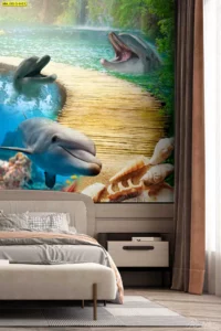 ห้องนอนโมเดิร์นตกแต่งด้วย วอลเปเปอร์สัตว์ทะเล โลมาเล่นน้ำบนสะพานไม้พร้อมหอยทากทะเลสร้างบรรยากาศผ่อนคลายน่าพักผ่อน