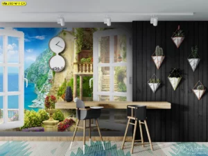 ภาพวิวธรรมชาติตกแต่งผนังเป็นมุมทำงานสไตล์โมเดิร์น มีโต๊ะไม้เก้าอี้สูงพร้อมพรมพิมพ์ลาย สีสันสดใสผสมผสานกับผนังสีดำให้ความรู้สึกทันสมัยและลงตัว