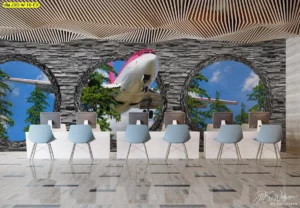 วอลเปเปอร์เครื่องบินสามมิติทะลุผนังตกแต่งห้องประชุมโมเดิร์น โทนสีเทาขาวเพิ่มความน่าเชื่อถือให้สำนักงานและพื้นที่ทำงาน