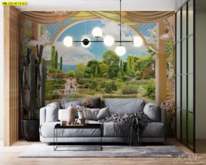 ภาพตกแต่งผนังห้องนั่งเล่นสไตล์ยุโรปร่วมสมัยที่มีน้ำตกและท้องฟ้าสดใสเป็นวิวธรรมชาติช่วยให้ผ่อนคลายและรู้สึกสงบ