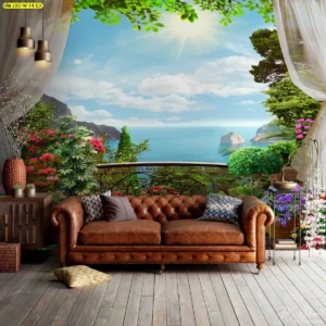 ภาพวิวทะเลและธรรมชาติริมชายหาดสวยงาม เหมาะสำหรับตกแต่งห้องนั่งเล่นเพื่อสร้างบรรยากาศผ่อนคลายและสดชื่น พร้อมโซฟาหนังสีน้ำตาลเข้มและต้นไม้นานาพรรณเขียวชอุ่ม