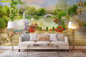 ห้องนั่งเล่นสไตล์คลาสสิกพร้อมวอลเปเปอร์ภาพสวนดอกไม้ริมทะเลสาบ โซฟาสีครีมและโคมไฟทองแสงอบอุ่น