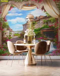 วอลเปเปอร์สถาปัตยกรรมยุโรป วิวหมู่บ้านเมดิเตอร์เรเนียนตกแต่งห้องอาหารโรงแรมสร้างบรรยากาศโรแมนติกสไตล์ยุโรป
