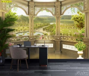วอลเปเปอร์ภาพวิวสวนยุโรป กับสถาปัตยกรรมโคโลเนียลที่ตกแต่งภายในห้องทำงานเพิ่มความรู้สึกสงบและเน้นบรรยากาศธรรมชาติ