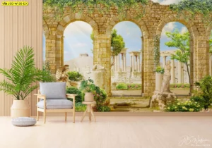 วอลเปเปอร์ซากปรักหักพังกรีกโบราณตกแต่งห้องสปารีสอร์ทสร้างบรรยากาศผ่อนคลายและศักดิ์สิทธิ์