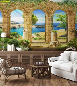 วอลเปเปอร์สถาปัตยกรรมยุโรป เสาสไตล์กรีกโบราณและทิวทัศน์ทะเลเมดิเตอร์เรเนียนตกแต่งห้องนั่งเล่นให้บรรยากาศผ่อนคลายและธรรมชาติ