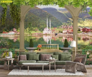 เฉลียงห้องนั่งเล่นตกแต่งด้วยวอลเปเปอร์วิวทะเลสาบพร้อมสถาปัตยกรรมออสมาน เฟอร์นิเจอร์หวายและต้นไม้ประดับ