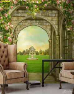 วอลเปเปอร์ภาพวิวสวนยุโรป โทนสีอบอุ่นและประตูโค้งหินสไตล์โรมันพร้อมเก้าอี้หนังสีน้ำตาลในห้อง เพื่อเพิ่มบรรยากาศอบอุ่นและคลาสสิคในบ้านและพื้นที่พักผ่อน