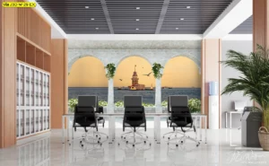 ภาพวิวทะเลและประภาคารสีน้ำเงินอมเทาผ่านซุ้มประตูโมเดิร์นโทนสีเทา ตกแต่งสไตล์ลอฟท์และสำนักงาน ช่วยเพิ่มสไตล์และความสดชื่นเป็นธรรมชาติในพื้นที่ทำงานทุกมุม