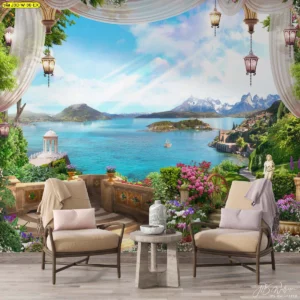 วอลเปเปอร์วิวทะเลยุโรป ทะเลสีฟ้าสดใสพร้อมดอกไม้ประดับโคมไฟวินเทจ ตกแต่งห้องพักผ่อนหรือโซนสร้างแรงบันดาลใจในออฟฟิศ ช่วยกระตุ้นความคิดสร้างสรรค์