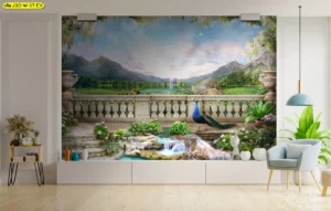 ห้องนั่งเล่นตกแต่งด้วย วอลเปเปอร์ภาพวิวทะเลสาบยุโรป พร้อมนกยูงสีน้ำเงินและน้ำตกธรรมชาติ เก้าอี้สีเขียวและต้นไม้ประดับ