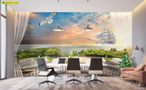 วอลเปเปอร์วิวทะเลยุโรป แบบพาโนรามาบนผนังห้องประชุม เพิ่มความรู้สึกปลอดโปร่ง เปิดกว้าง และบรรยากาศเหมือนนั่งริมทะเลจริง ช่วยลดความเครียด