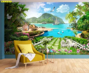 วอลเปเปอร์วิวทะเลยุโรป พร้อมสวนดอกไม้หลากสีสันและม้าสองตัวริมทะเล เพื่อสร้างบรรยากาศสดชื่น ผ่อนคลายอย่างลงตัว