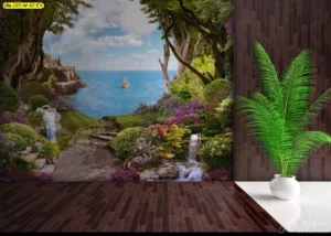 ผนังวอลเปเปอร์ที่แสดงวิวทะเลกับน้ำตกที่สวยงามและสวนสีเขียวร่มรื่นเหมาะสำหรับตกแต่งห้องพักผ่อนสไตล์ยุโรป