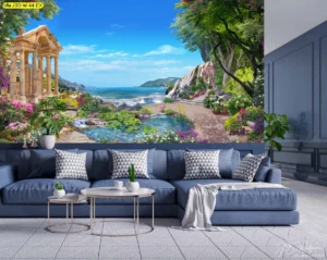 วอลเปเปอร์ห้องนั่งเล่นตกแต่งด้วยภาพวิวธรรมชาติทะเลสวยน้ำตกและสวนดอกไม้สไตล์เมดิเตอร์เรเนียนเต็มผนัง