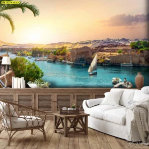 งานศิลปะภาพวิวหมู่บ้านริมน้ำทะเลสีฟ้า เหมาะกับห้องพักผ่อนหรือโซนสร้างแรงบันดาลใจในออฟฟิศ เพื่อเพิ่มความสดชื่น