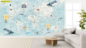 ห้องรับแขกสไตล์เด็กตกแต่งด้วยภาพแผนที่โลกโทนสีฟ้าอ่อนพร้อมสัตว์โลกบอลลูนและเครื่องบินสร้างบรรยากาศสนุกสนานเหมาะสำหรับครอบครัว