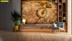 วอลเปเปอร์ลายเข็มทิศแผนที่โลก สไตล์วินเทจโทนน้ำตาลทองตกแต่งห้องนั่งเล่นพร้อมเฟอร์นิเจอร์ไม้คลาสสิก