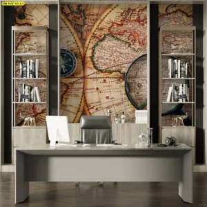วอลเปเปอร์ลายเข็มทิศแผนที่โลก สีน้ำตาลโบราณตกแต่งผนังออฟฟิศผู้บริหารพร้อมโต๊ะทำงานและชั้นวางของทันสมัยสำหรับสร้างบรรยากาศมืออาชีพ