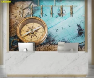 ภาพตกแต่งผนังห้องประชุมโมเดิร์นลายแผนที่โลกโทนฟ้าเขียวพร้อมเข็มทิศทองขนาดใหญ่และโต๊ะประชุมหินอ่อนสีขาว