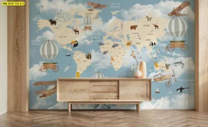 วอลเปเปอร์ห้องเด็กลายแผนที่โลก สีฟ้าขาวพร้อมบอลลูนอากาศและเครื่องบินโบราณที่ช่วยเสริมการเรียนรู้ภูมิศาสตร์อย่างสนุกสนาน