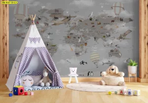 ภาพติดผนังแผนที่โลกโทนสีเทาสไตล์คลาสสิกสำหรับห้องเด็กเล็กที่ต้องการบรรยากาศเรียบหรูและเอื้อต่อการเรียนรู้