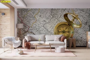 วอลเปเปอร์ลายเข็มทิศแผนที่โลก สไตล์สแกนดิเนเวียนโทนขาวดำตกแต่งห้องนั่งเล่นพร้อมโซฟาสีขาวโต๊ะกาแฟไม้และเข็มทิศทองเด่นชัด