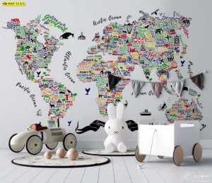 วอลเปเปอร์แผนที่โลกแบบ Typography สีขาวดำที่ผสมผสานศิลปะกับการศึกษาเหมาะสำหรับเด็กที่สนใจการออกแบบ