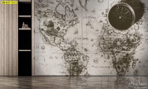ภาพศิลปะเข็มทิศแผนที่โลกมินิมอลโทนขาวดำติดผนังห้องโล่งสไตล์โมเดิร์นพร้อมชั้นวางของแบบแนวตั้ง