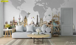 ห้องรับแขกสไตล์โมเดิร์นตกแต่งด้วย วอลเปเปอร์แผนที่โลก โทนสีเทา-ขาวพร้อมสถานที่สำคัญทั่วโลกสร้างแรงบันดาลใจ